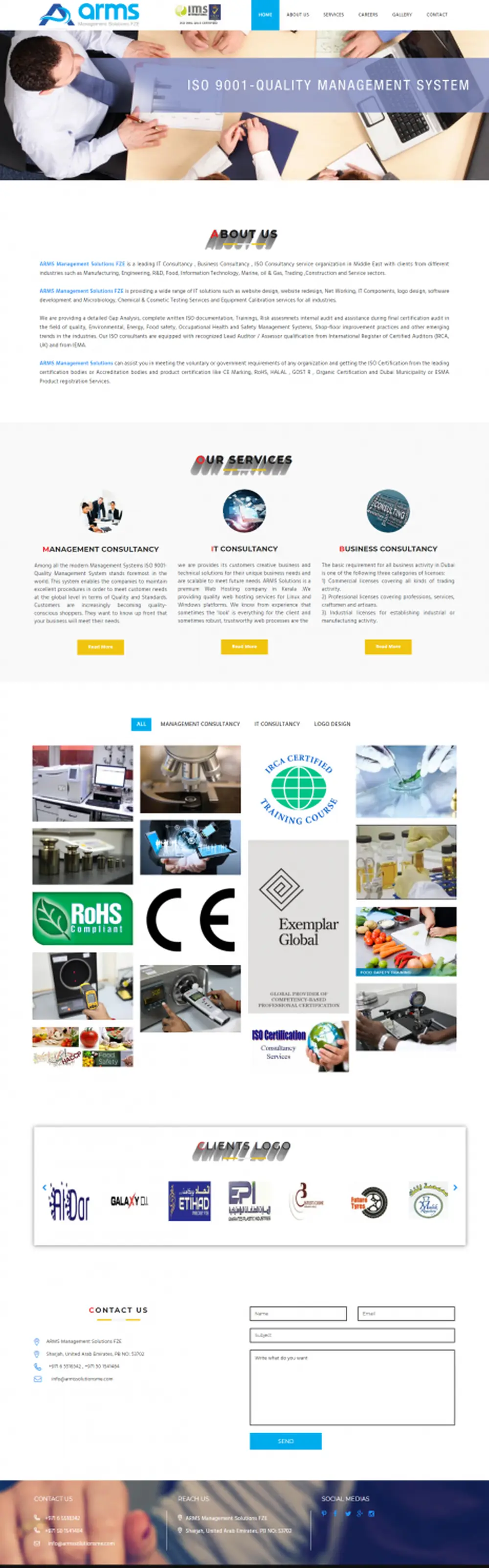 Screenshot of the ARMS Management Solutions FZE website designed by JKL Info Solutions