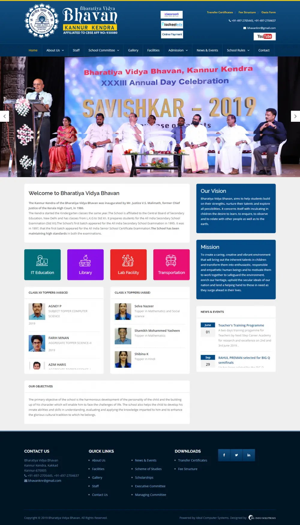 Screenshot of the Bharatiya Vidya Bhavan, Kannur website designed by JKL Info Solutions