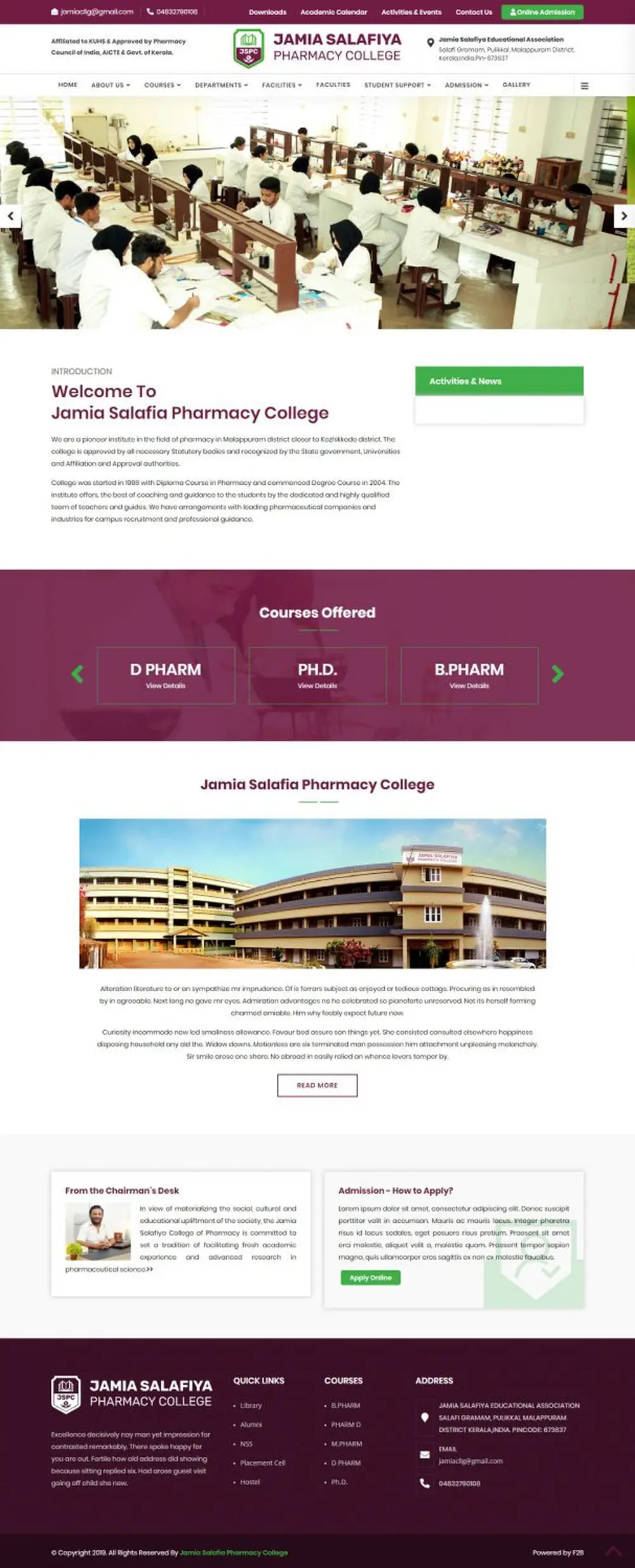 Screenshot of the Jamia Salafia Pharmacy College website designed by JKL Info Solutions