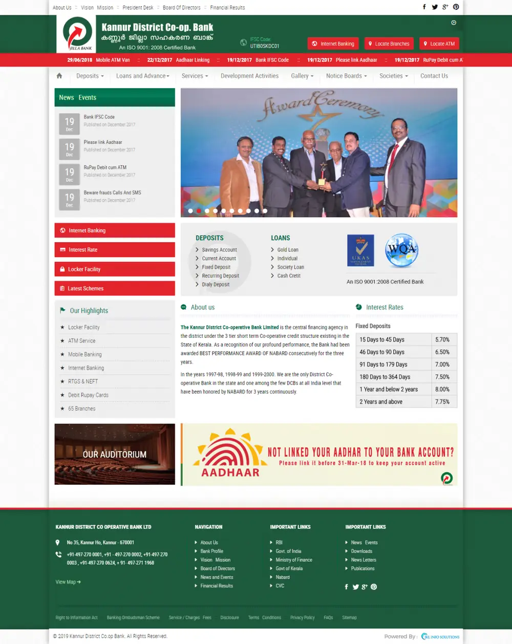 Screenshot of the Kannur District Co-operative Bank website designed by JKL Info Solutions