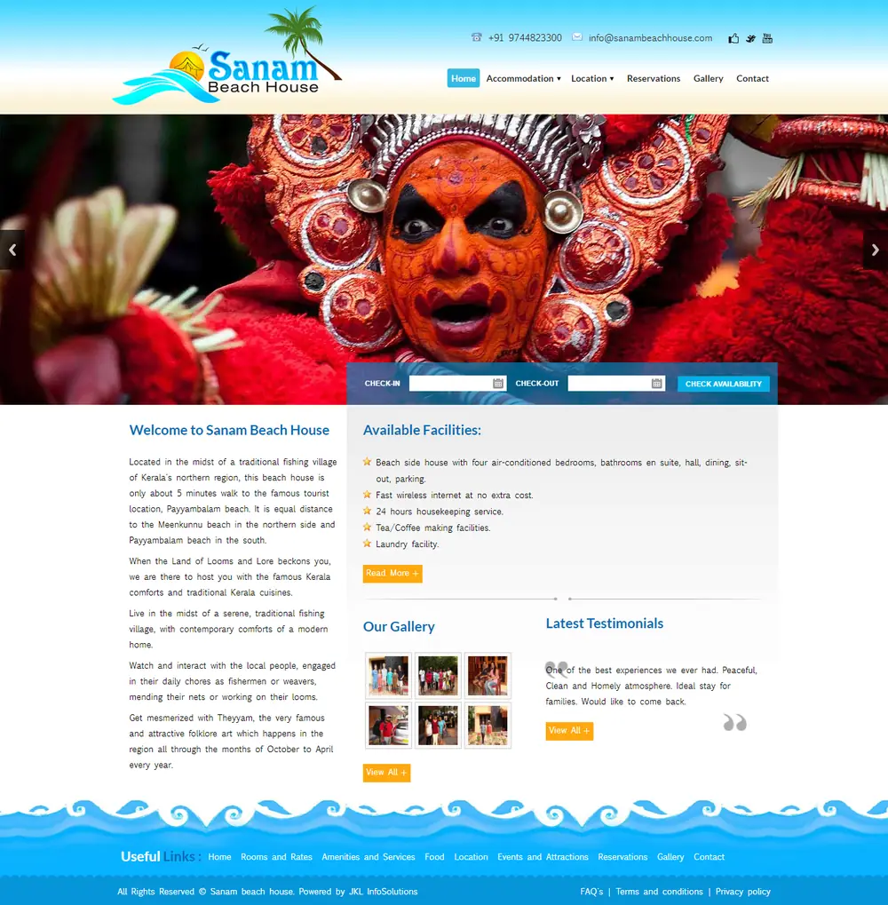 Screenshot of the Sanam Beach House website designed by JKL Info Solutions