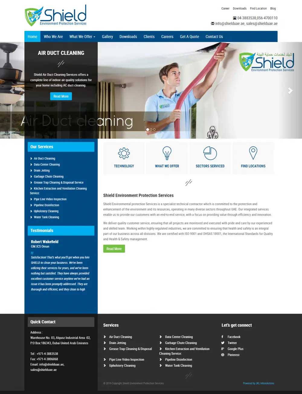Screenshot of the Shield Environment Protection Services website designed by JKL Info Solutions