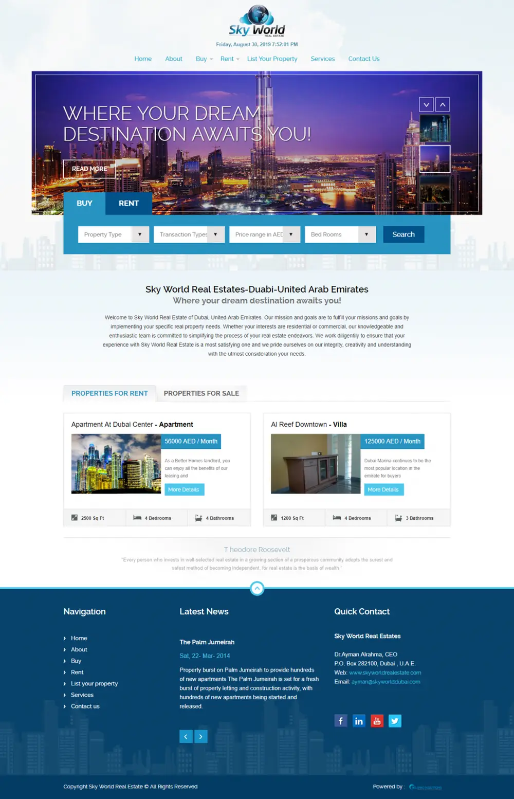 Screenshot of the Sky World Real Estate website designed by JKL Info Solutions