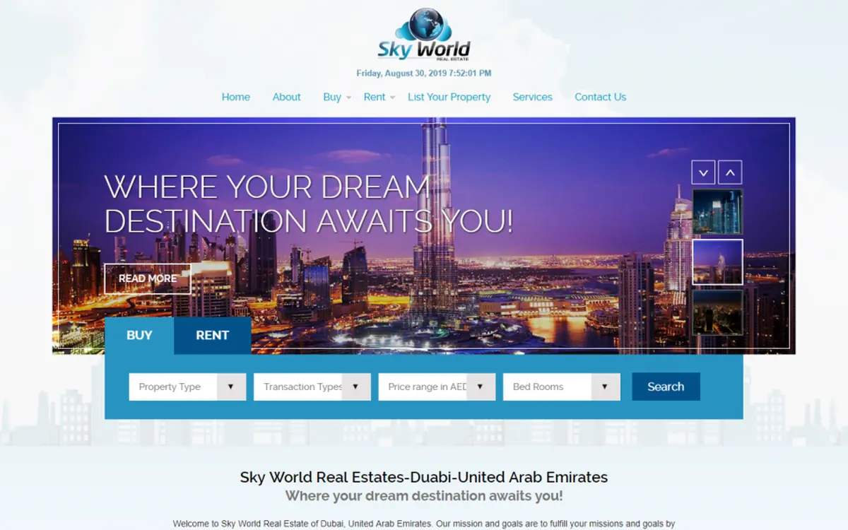 Screenshot of the Sky World Real Estate website