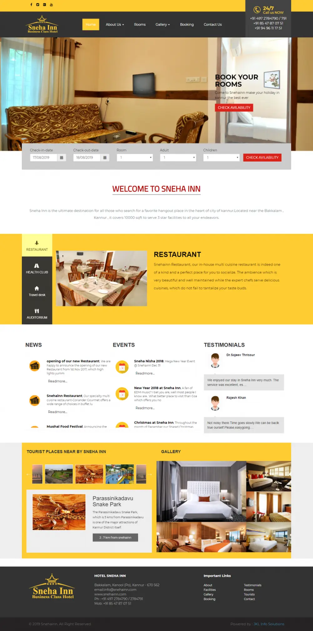 Screenshot of the Sneha Inn website designed by JKL Info Solutions