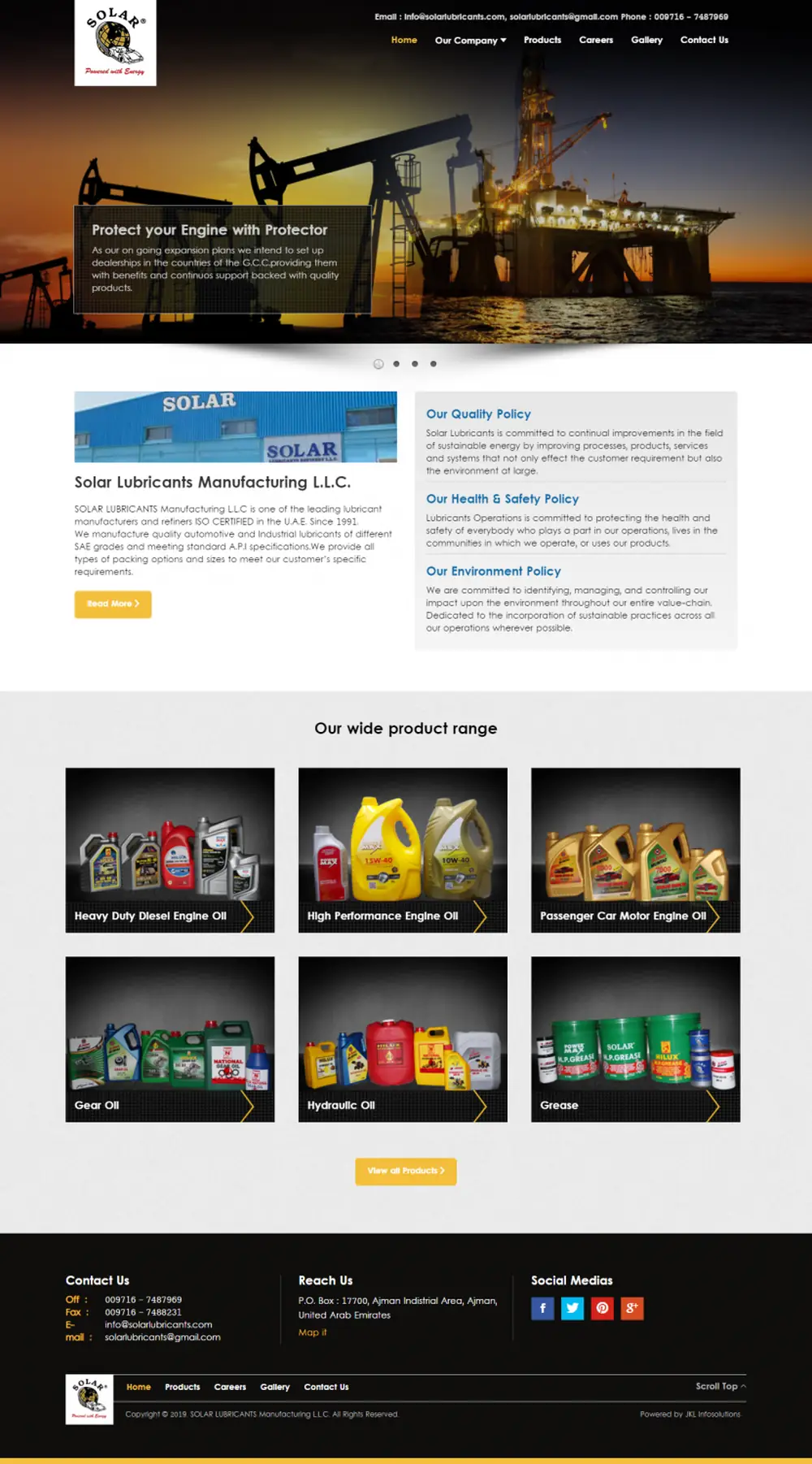 Screenshot of the Solar Lubricants Manufacturing LLC website designed by JKL Info Solutions