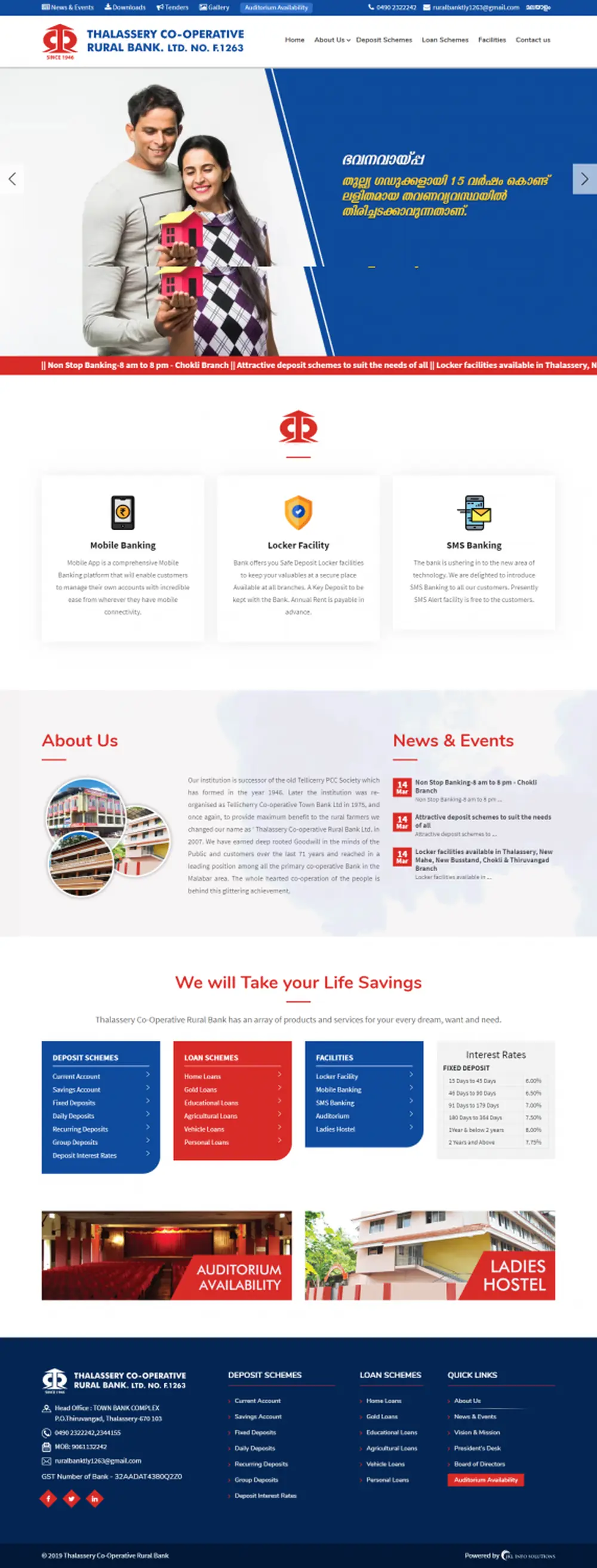 Screenshot of the Thalassery Co-operative Rural Bank website designed by JKL Info Solutions