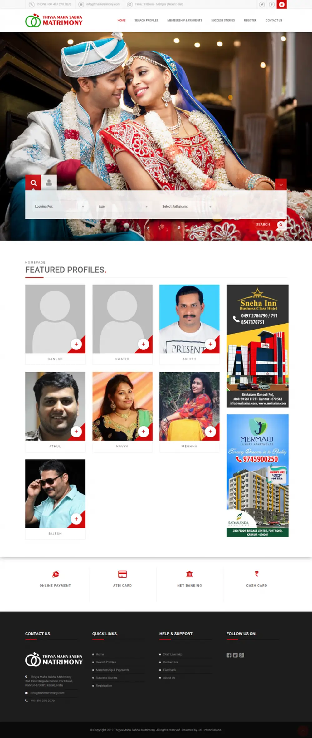 Screenshot of the Thiyya Maha Sabha Matrimony website designed by JKL Info Solutions