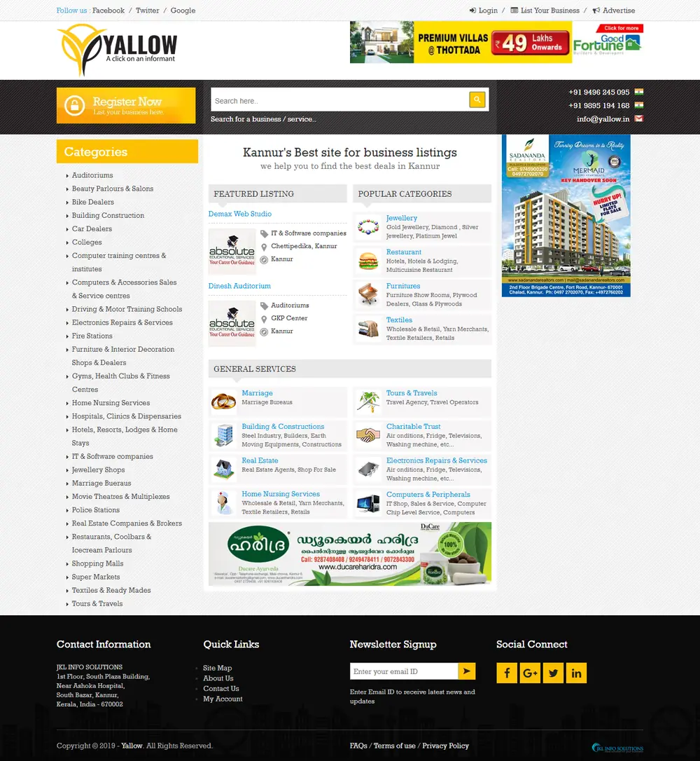 Screenshot of the Yallow website designed by JKL Info Solutions